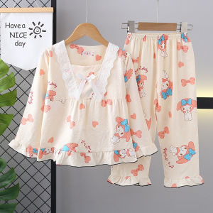 2025 ใหม่ ชุดนอนเด็กผู้หญิง ชุดนอนแขนยาว รูปแบบการ์ตูน เสื้อคอบัว ความงาม น่ารัก นุ่มสบาย 110-150cm 【จัดส่งจากประเทศไทย】