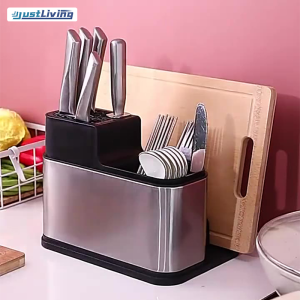 JustLiving Bộ đồ ăn nhà bếp bằng thép không gỉ Lưu trữ bộ đồ ăn với khay thoát nước Hộp đựng dao kéo Nhà bếp Thớt đa chức năng Giá đựng Đũa gia dụng Ống đựng đũa Nhà bếp Tổ chức nhà bếp Hộp lưu trữ dụng cụ