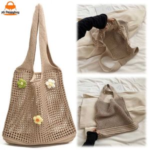Womens Knitted Tote Bag with Spacious Interior Summer Crochet Handbag for Daily Use and Shopping