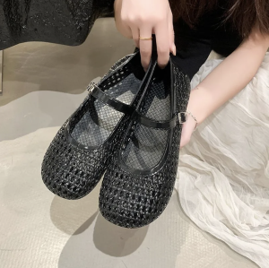 FH Women Mary Jane PVC Doll Shoes with Strap Cute Weave Design Soft Light Comfortable Ballet Flats Sandals 289