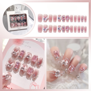24pc Blush Pink Fake Nails 3D Bow Setting Fake Nails Heart Star Rhinestone Nail