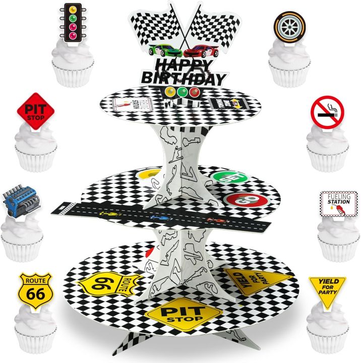 Hoolerry 3 Tier Race Car Cupcake Stand Tower Black And White Checkered