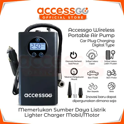 Accessgo Pompa Ban Elektrik Udara Portable Air Pump Automatic Stop Bisa Cek Tekanan Angin BERGARANSI RESMI