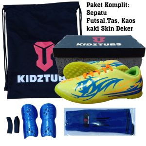 KIDZTUBS Sepatu Futsal Anak Paket Komplit Sepatu Futsal Tas Skin Deker Kaos Kaki Usia 6-10 Tahun Size 28 29 30 31 32 33 34 35 36 37 KDZ2011122424