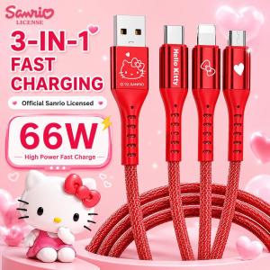 Sanrio Hello Kitty 3 in 1 Fast Charging Cable 66W Quick Charge Multi Charger Cord Durable Braided Fishwire Mesh Wire 1.2m SJ-705 AQ2