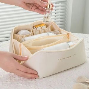 Cloud Pillow Makeup Bag Large Capacity Cream Leather Toiletry Bag Anti-Stain&Durable Portable Travel Makeup Organizer