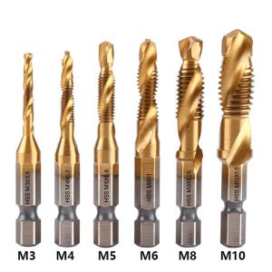 6Pcs Tap Drill Bit Set M3-M10 HSS Titanium Combination 1/4" Hex Shank Screw Thread Metric Tap Drill