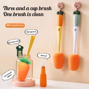 3 in 1 Multifunctional Cup Cover Cleaning Brush Bottle Detachable Long Handle Soft Sponge Cup Brush Cup Carrot Kitchen Cleaner Tools