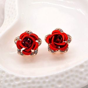 Vintage Red Rose Earrings Rose Gold Color Crystal Rhinestone Pearl Butterfly Flower Stud Earrings Women Gifts Wedding Jewellery