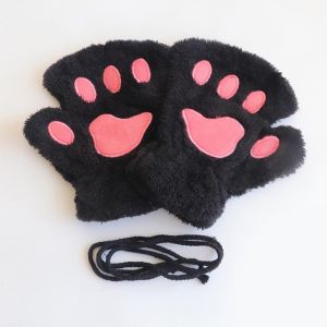 1 Pair Fashionable Cute Style Womens Winter Warm Gloves Thick Cat Paw Pattern Cold Resistant Soft Outdoor Half Finger Gloves