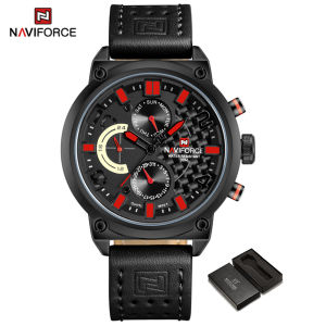 NAVIFORCE Original Watch for Man Waterproof 2024 Casual Watches Brown Leather Multifunction Double Calendar with 24 Hours Display Quartz Wristwatch NF9068