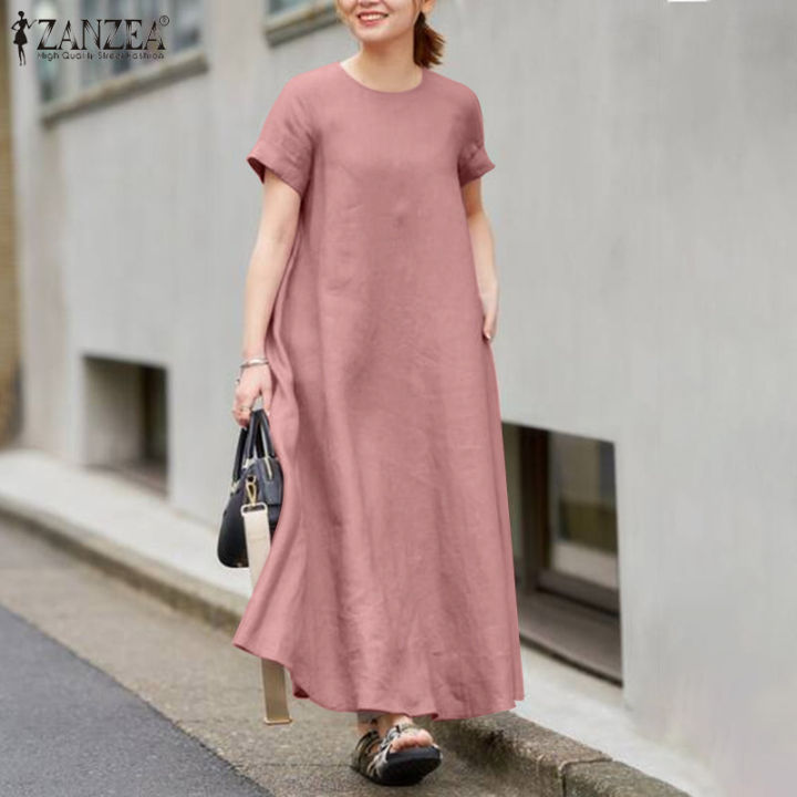 【3 Days Delivery】ZANZEA Korean Style Womens Cotton Linen Short Sleeve Plain  Oversized Round Neck Maxi Dress