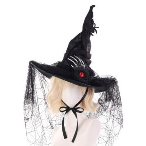 YOUSHI TOP Spider Pendant Witch Hat Eyeball Flower Lace Wizard Cap Cool Cosplay Halloween Hat Performance Props