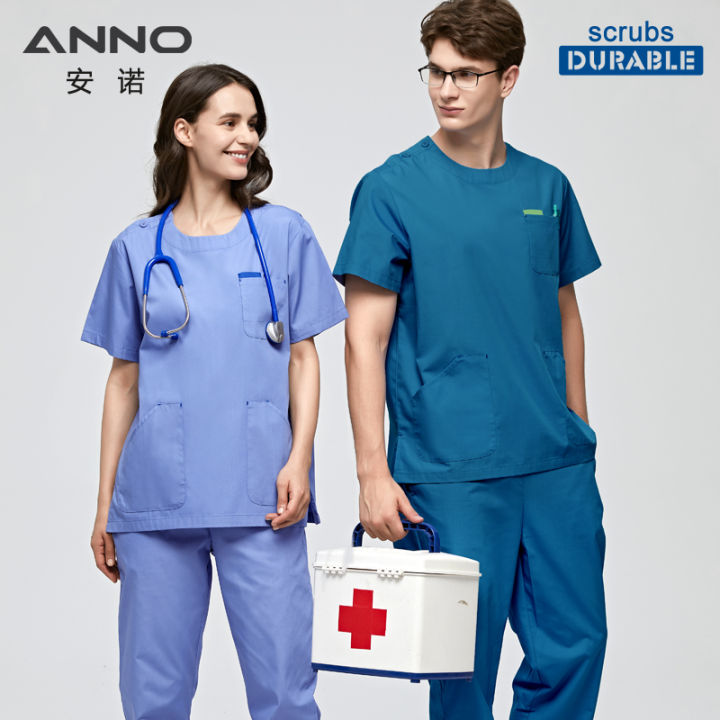 ANNO Blue Nurse Medical Uniform Women Men Scrubs Suit Round Neck Hospital  Set Work Wear Short Sleeves Beauty Salon Surgical Clothing