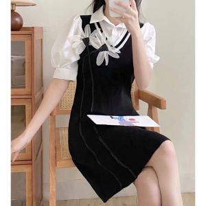 D11777 3D Flower Two in One Knit Dress