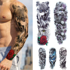 New Full Arm Tattoo Stickers Half Flower Arm Waterproof Tattoo Stickers Rose Wild Wolf Lion Cool Boy & Girl Body Decor