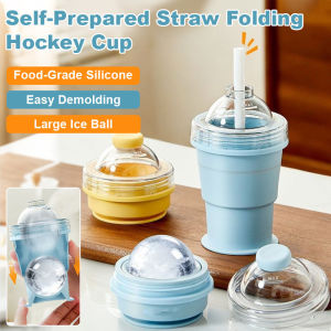 2in1 Silicone Folding Straw Cup with Ice Cube Mold Portable Collapsible Travel Cup Summer DIY Ice Ball Cup