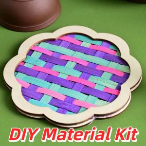 VALER Eco-Friendly Bamboo Coaster DIY Natural Wood Pre-cut Woven Coaster Pack Creative Art Craft Multicolor Handmade Cup Mat Parent-Child