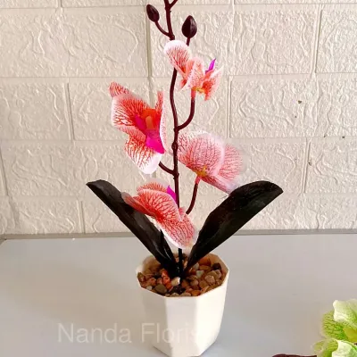 BUNGA PLASTIK ANGGREK 2 DAUN SEMI LATEX YL-B5X7 B8018 BUNGA ARTIFICIAL SET POT