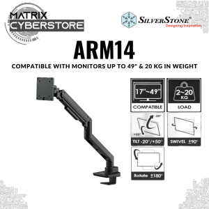 SilverStone ARM14 Single Monitor Arm - Heavy Duty Gas Spring Design & Versatile Adjustability | Fits up to 49" & 20 kg VESA Cable Management Grommet & Clamp Design
