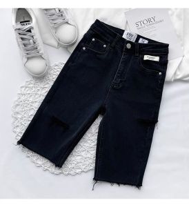 (พร้อมส่ง) กางยีนส์สามส่วน เอวสูง ผ้ายืด กางเกงยีนส์สามส่วนผู้หญิง กางเกงขาดข้าง มี2 สี มีไซส์ S-XL