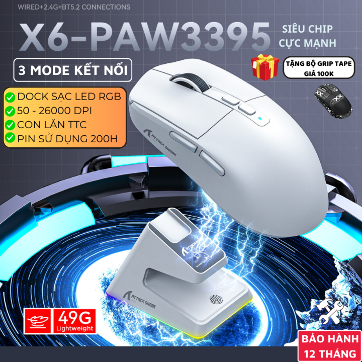 Chuột Bluetooth Không Dây Siêu Nhẹ Attack Shark X6 và X3 Chip PAW3395 Hiệu  Suất Cao Siêu Mượt DPI 26000