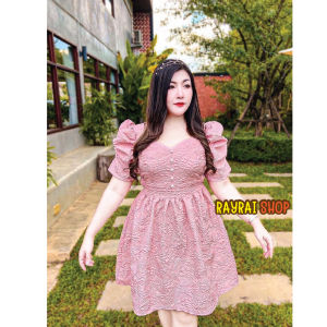 RayRai shop ชุดเดรสสาวอวบ แขนเจ้าหญิง มีสีขาว ชมพู ผ้าจัสการ์ด เบาสบาย ไม่คัน ดีไซด์ทรงเจ้าหญิง