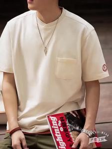 Maden Vintage Cotton Heavyweight Short Sleeve T-shirts for Mens Summer with Pocket Crew Neck Tees Loose Fit Basic Versatile Top