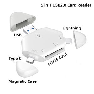 YALILAI 5 in 1 Memory Card Reader for iPhone/Type-C/USB/Android Computer Tablet Mac/iPad SD/TF OTG Adapter/Converter