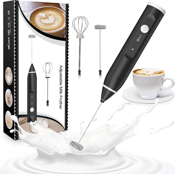 Rechargeable Milk Frother Handheld Electric Foam Maker with Stainless Whisk  Speed for Bulletproof Coffee Latte Cappuccino Hot Chocolate Black