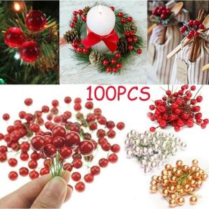 100Pcs Christmas Decor Artificial Red Holly Berry Ornament DIY Christmas Tree Berry Ornaments