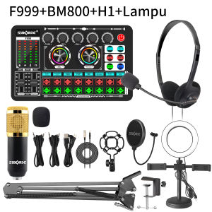 Siborie Paket Lengkap F999 SoundCard+BM800 Mic+H1 Headphone+Lampu Set Satu Set Dudukan Lengkap Gratis