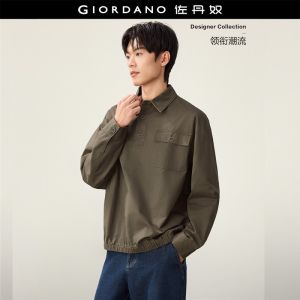 GIORDANO Men Shirts Single Flap Pocket Half Placket Shirts Long Sleeve Fashionable Casual Relaxed Cargo Shirts 18046812