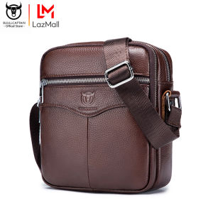 BULLCAPTAIN Youth Mens Business Messenger Bag Leather Casual Shoulder Bag Top Layer Cowhide Vertical Square Multi-Zipper Crossbody Bag for Daily Wor