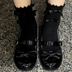 ถุงเท้าน่ารัก Lolita สาวหวานลูกไม้ Ruffle ถุงเท้าผู้หญิงสีทึบสีดำสีขาวถุงเท้า JK