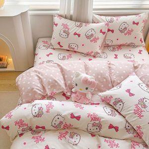 Cute Bed Sheet Quilt Cover Four-Piece Set Bedding Washed Cotton Girly Student Dormitory Three-Piece Cartoon Quilt Cover LZD