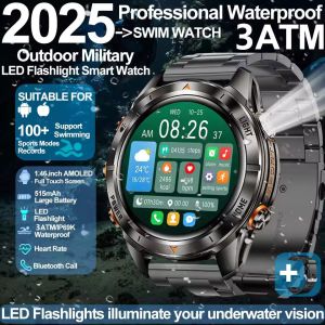 2025 New Outdoor Military Smart Watch Men 1.46" AMOLED Bluetooth Call IP69K 3ATM Waterproof LED Flashlight 515mAh Battery Sports Smart Bracelet