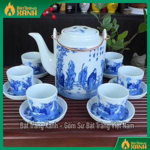 Ấm Tích Pha Trà 2L Bát Tràng Men Lam Trúc Lâm Thất Hiền - Bộ Ấm Tích Pha Trà Xanh Hãm Trà Dung Tích 2L