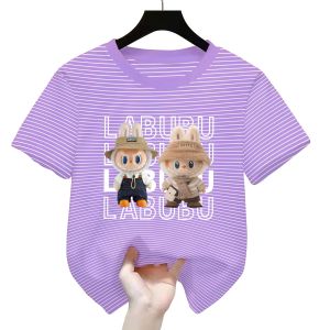 Atasan Baju Kaos Salur Kekinian Untuk Anak perempuan Lengan Pendek Motif LABUBU Viral usia 1-12 Thn