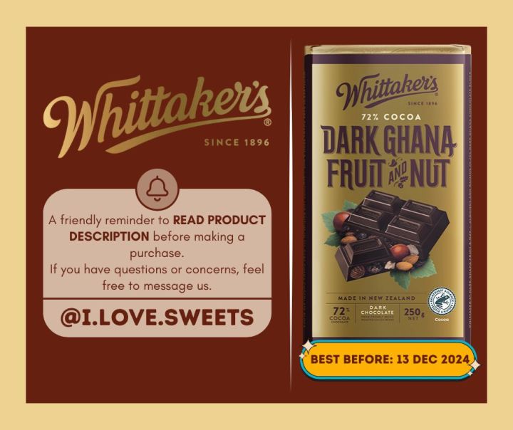 Whittaker's DARK GHANA FRUIT AND NUT Classic 72 Cocoa Dark Chocolate