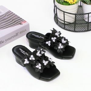 Pamstore - Sandal Pesta Anak Perempuan Hak 3cm Selop Motif Bunga Mutiara | HR042