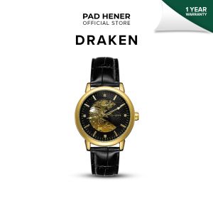 PAD HENER Draken Jam Tangan Pria Automatic Tanpa Baterai Gold Straps Kulit Free Box