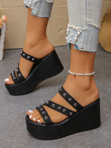 [Free Shipping] Plus-Size 43 Summer New Style Sandals High-Heeled With Crisscross Straps 8Cm Heel Wedge Heel And Open-Toe Design For Women