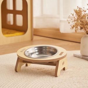 Pet Bowl Stainless Steel Double Bowl Dog Cat Tilted Angle Food Water Feeder Drinking Fountain Dispenser with Wooden Rack