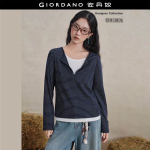 Giordano Women Fake two-piece striped long sleeve tee Free Shipping 18326521