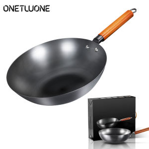 Onetwone 32cm Iron Wok Chinese Traditional Handmade Iron Wok Non-stick Pan Non-coating Gas and Induction Cooker Cookware Kitchen pot pans