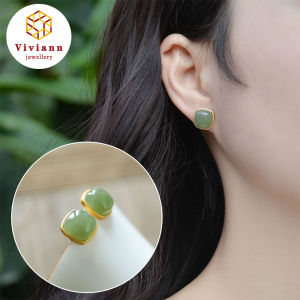 Viviann Original sterling silver Hotan Jade Square Earrings Female Sterling Silver Ear Studs Natural Hetian Jade Retro Round Beads Drop Earrings French Romantic Wedding Anniversary Jewelry Customized