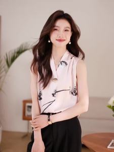 Ammin 2024 Mùa Hè Mới Pháp v-Cổ Thời Trang nút kim loại Xuống Không Ngủ áo cánh vải voan Cho Phụ Nữ phong cách hàn quốc in màu mực Áo Blouse thanh lịch