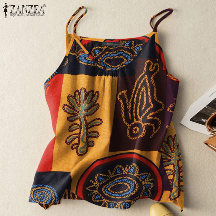 Fancystyle ZANZEA Women Holiday Sleeveless Camisoles Graphic Print Summer  Loose Vintage Tank Top #2 Lazada PH