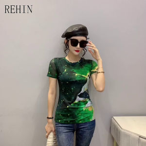 REHIN Womens top Fashion mesh unique colourful print short-sleeved T-shirt round collar slim and thin trend S-3XL blouse